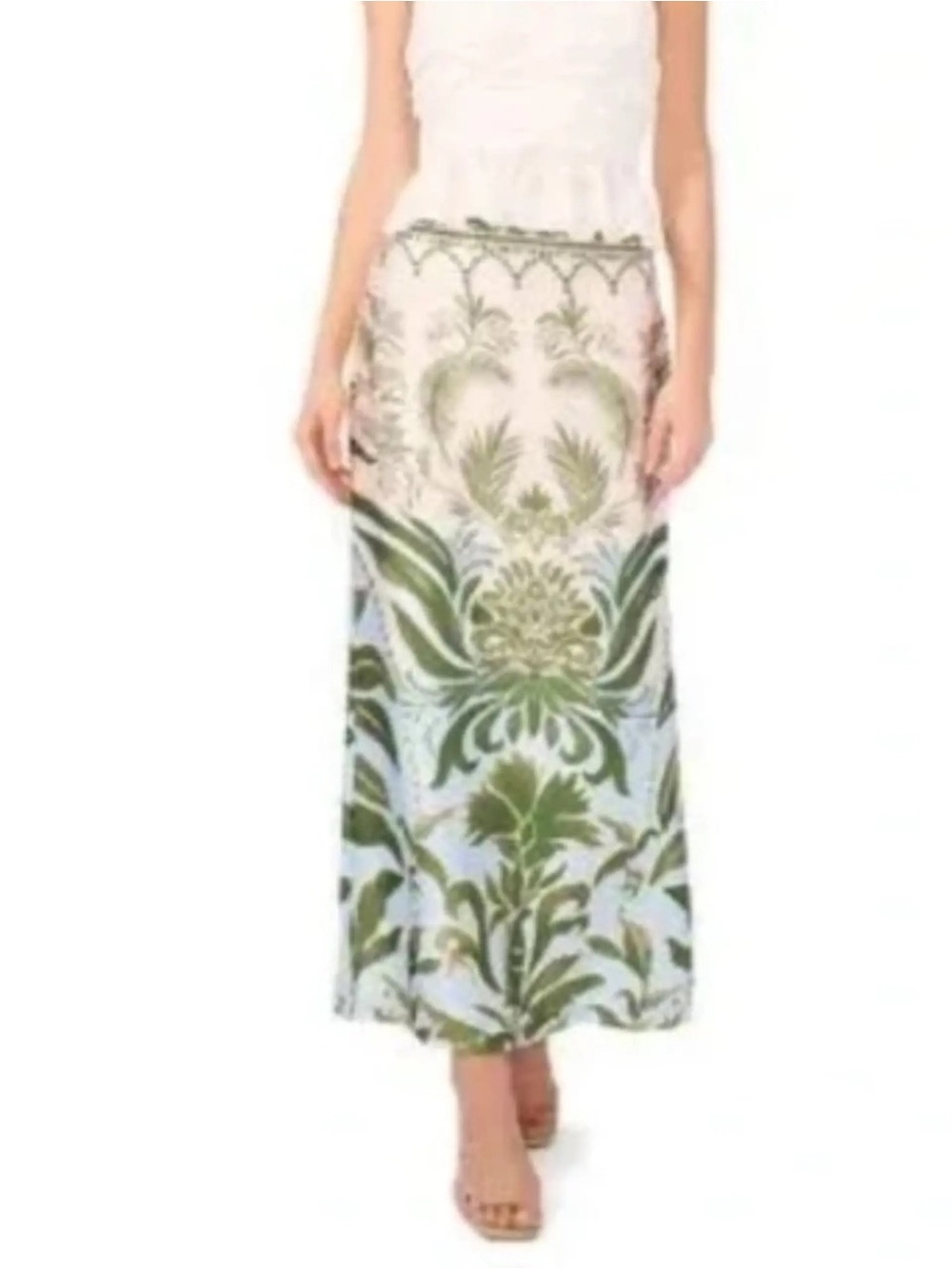 Parker White and Green Leaf Printed Maxi Skirt